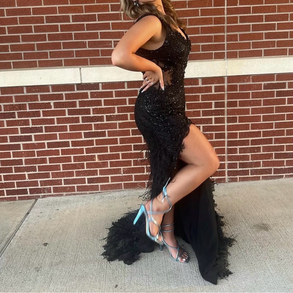 Black Beaded Fringe Evening Dress - Women's Formal Gown